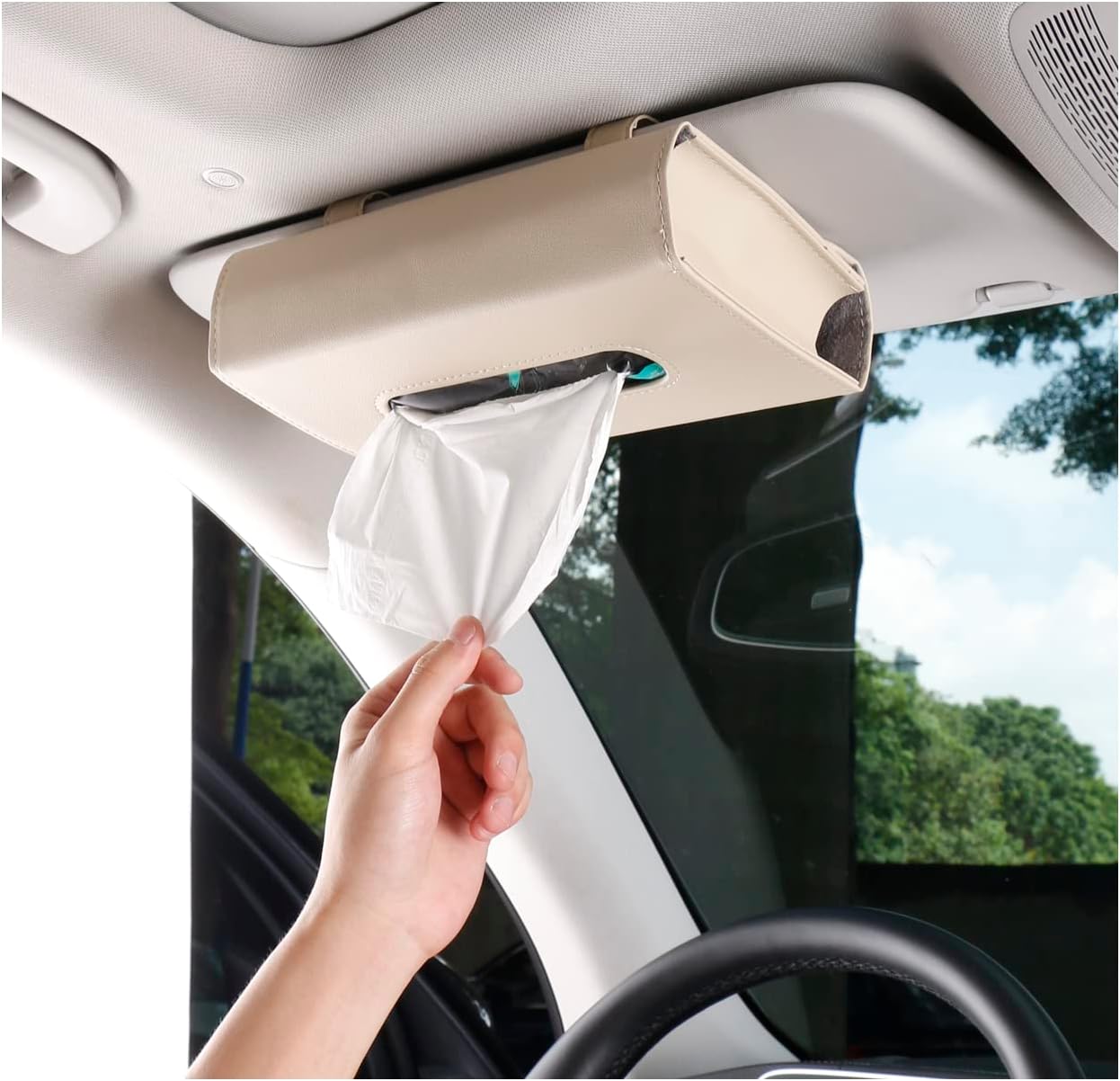 Carstuus Large Car Tissue Box fit Regular Size Tissues Refill, Sun Visor Napkin Holder, Visor Organizer Mask Dispenser, Tissue Box for Car Visor, Auto Interior Accessories (Beige)