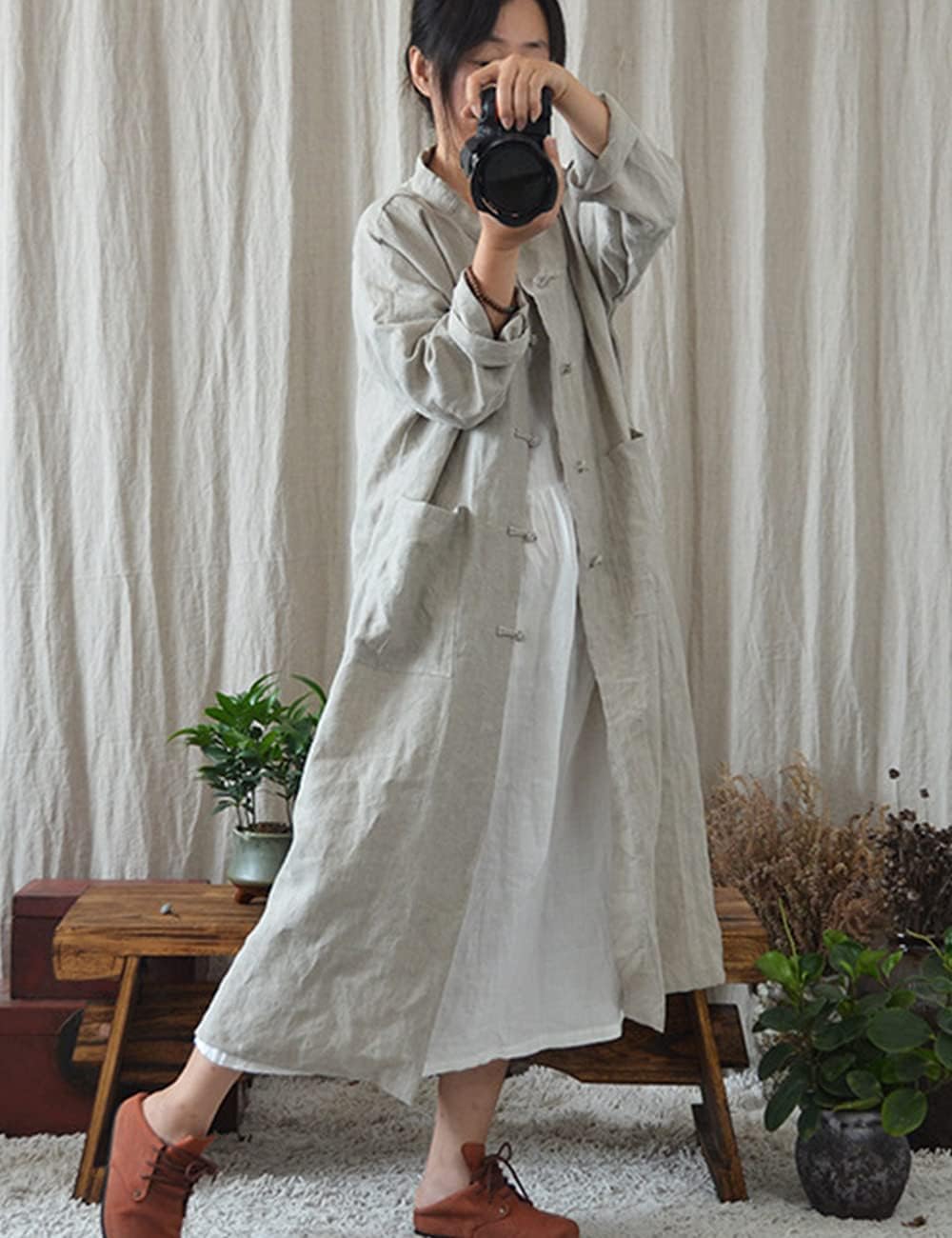 NFYM Women Vintage Cotton Linen Trench Coats Button Stand Solid Color Long Sleeve Pockets Long Jackets