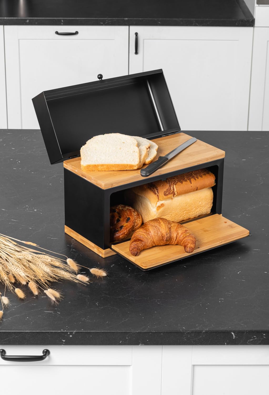 Contenitore per il pane con due scomparti per il piano di lavoro, in legno di bambù, per pane fresco con robusto telaio in acciaio, 38 x 28 x 18 cm