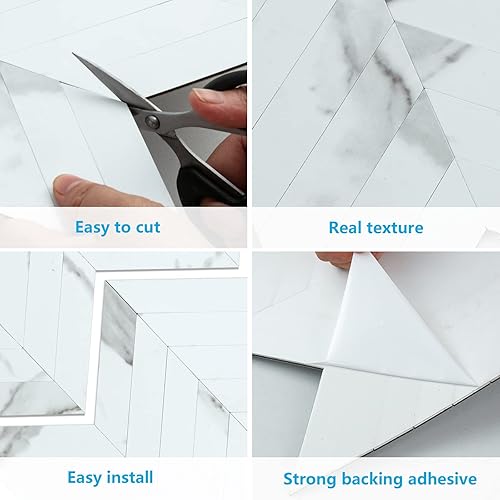 Miniatura 4 de 10 hojas de mármol blanco PVC despegar y pegar, azulejos de pared autoadhesivos con patrón de espiga para cocina y baño