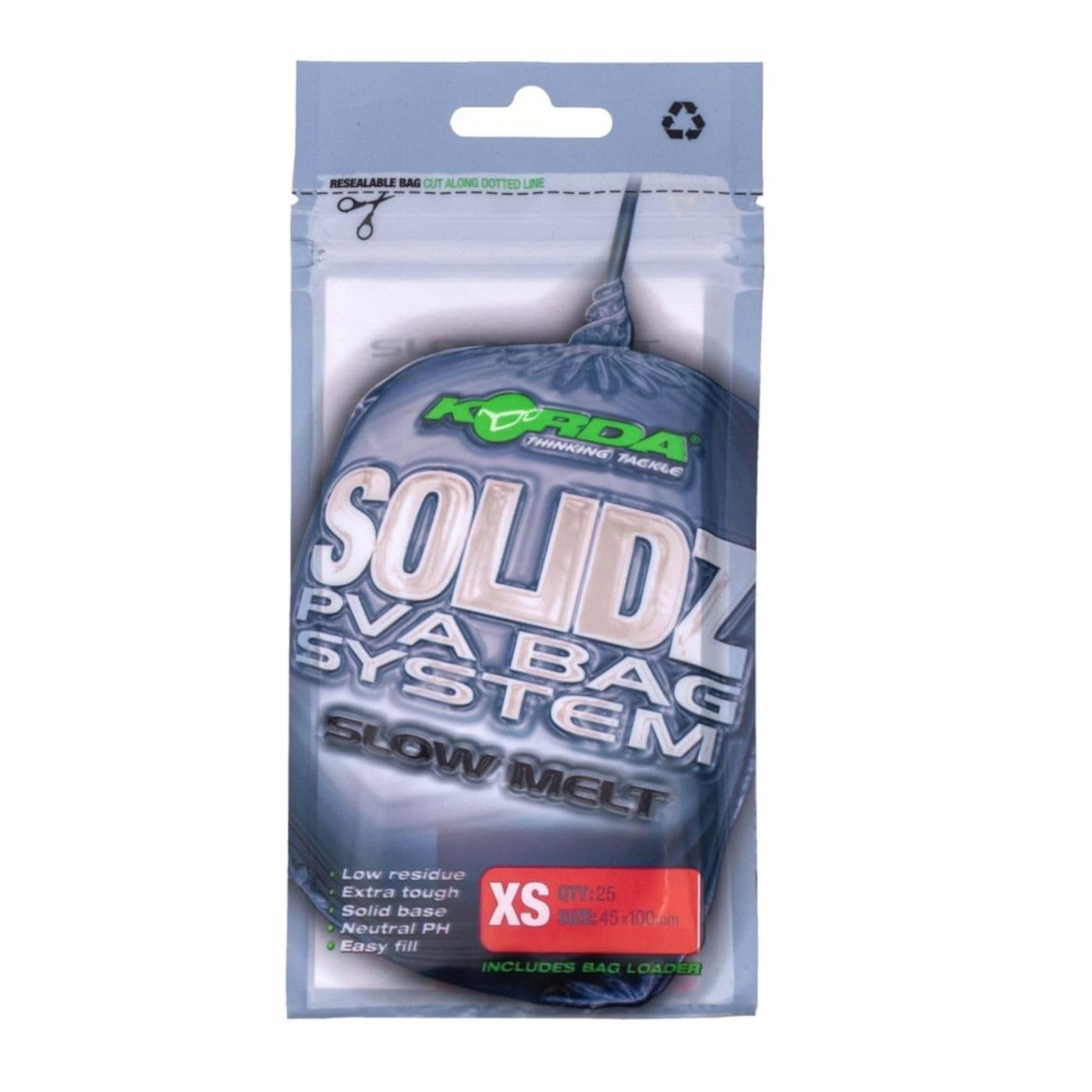 Korda Solidz Slow Melt PVA Bags XS, Extra Small Size, Premium Satin Film, Long-Range Deep-Water Bagging, Increased Melt Time, Ultimate Strength, Zero Residue Aroma-Free, Pack of 25