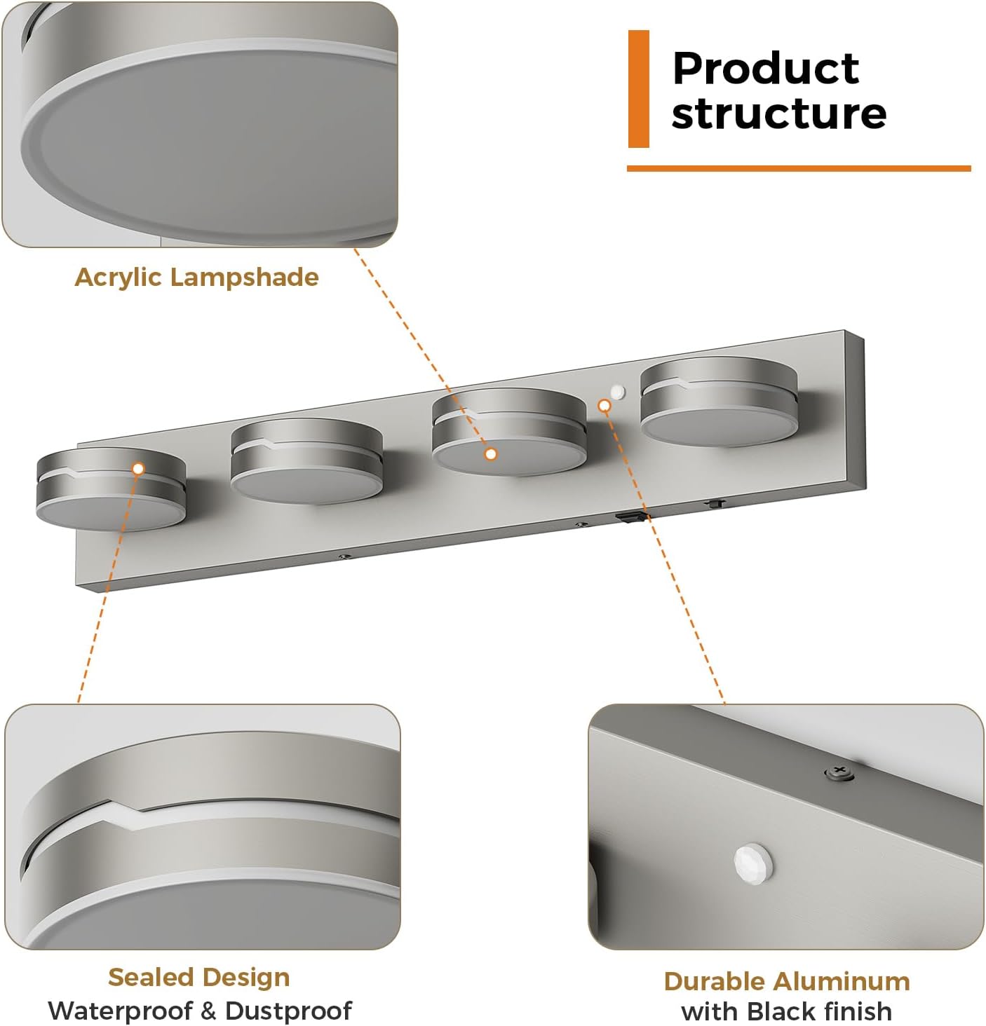 26" Motion Sensor Vanity Light Brushed Nickel, 3CCT 4-Light Modern LED Bathroom Lighting Fixtures Over Mirror, Dimmable Rotatable Head Wall Sconce, 3000K-6000K Color Selectable