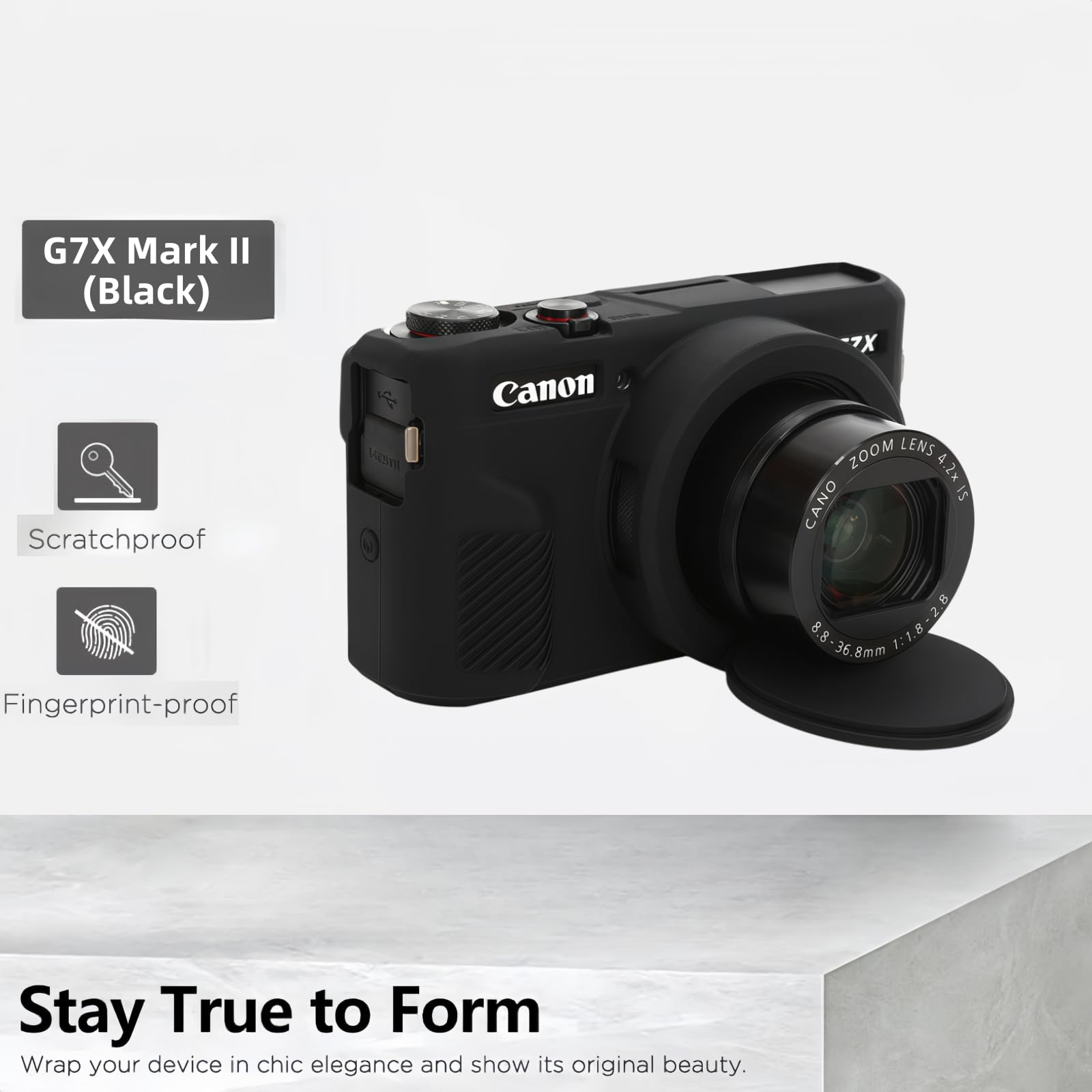 Etui do aparatu Canon G7 X Mark II, miękkie silikonowe etui ochronne z ulepszoną konstrukcją otwieraną w dół, obiektyw w pełni przezroczysty, zawiera 2 ochraniacze ekranu i 1 pasek na nadgarstek