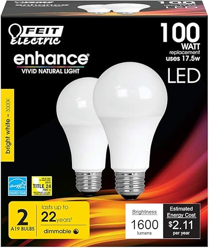 Vista 22 de Feit Electric Bombillas LED A19 equivalentes a 100 W, regulables, blanco brillante de 3000 K, 1600 lúmenes, vida útil de 22 años, base E26, CRI 90