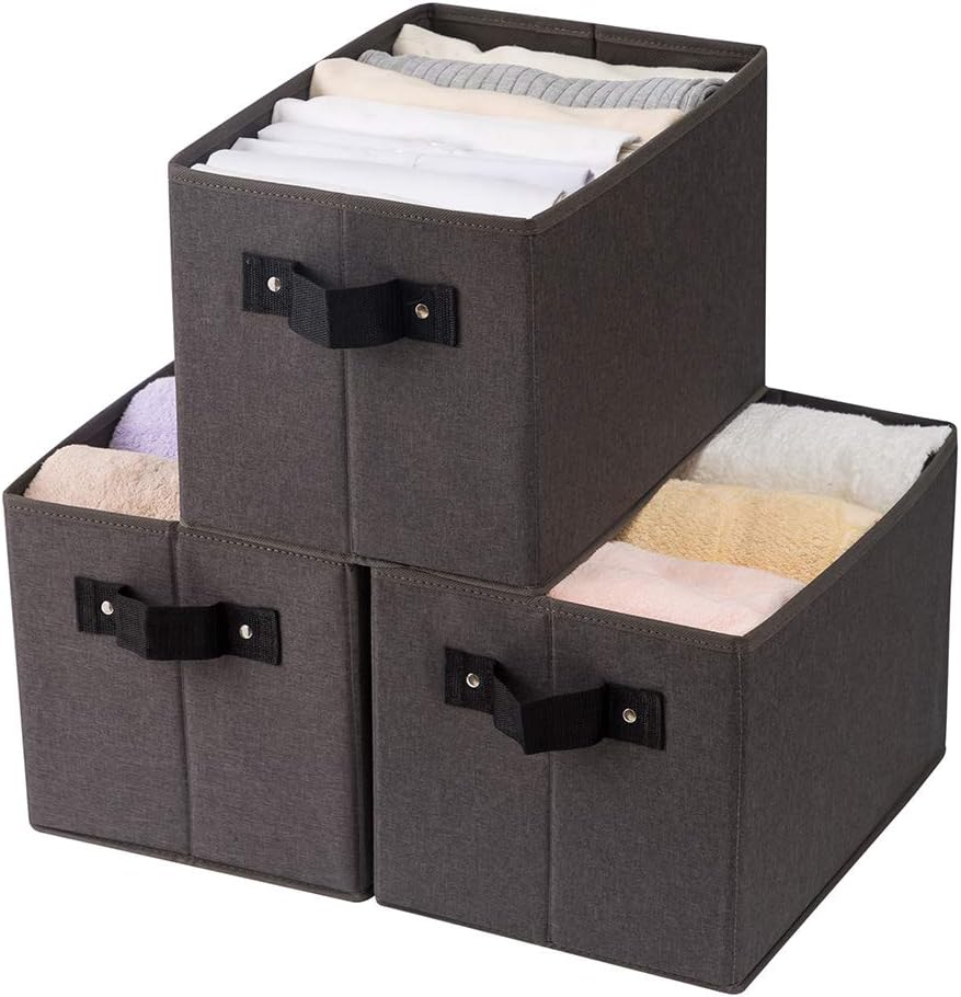Qozary 3 Pack Sturdy Storage Baskets for Shelf, Fabric Storage Bins for Closet Organization, Large Collapsible Cube Boxes with Handles for Organizing Home Closet, Office, Toys (Dark-Grey)