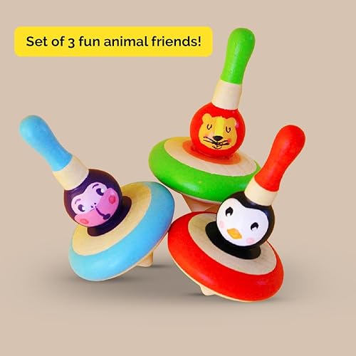 Miniatura 3 de Shumee Tops giratorios de madera hechos a mano (león, mono y pingüino) - 3 piezas  Colorido  100% seguro para niños  Giroscopio Fidget Spinner