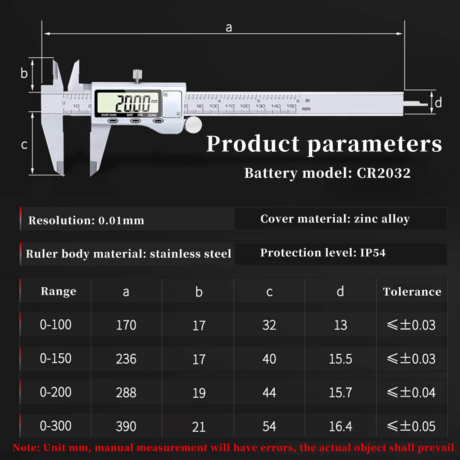 FORRTY Calibrador Digital 0,01mm Alta Precisión Acero Inoxidable IP54 Resistente Al Agua Y Polvo Pantalla Retroiluminada Herramienta De Medición Electrónica for Joyería, Bricolaje, Industria(200mm)