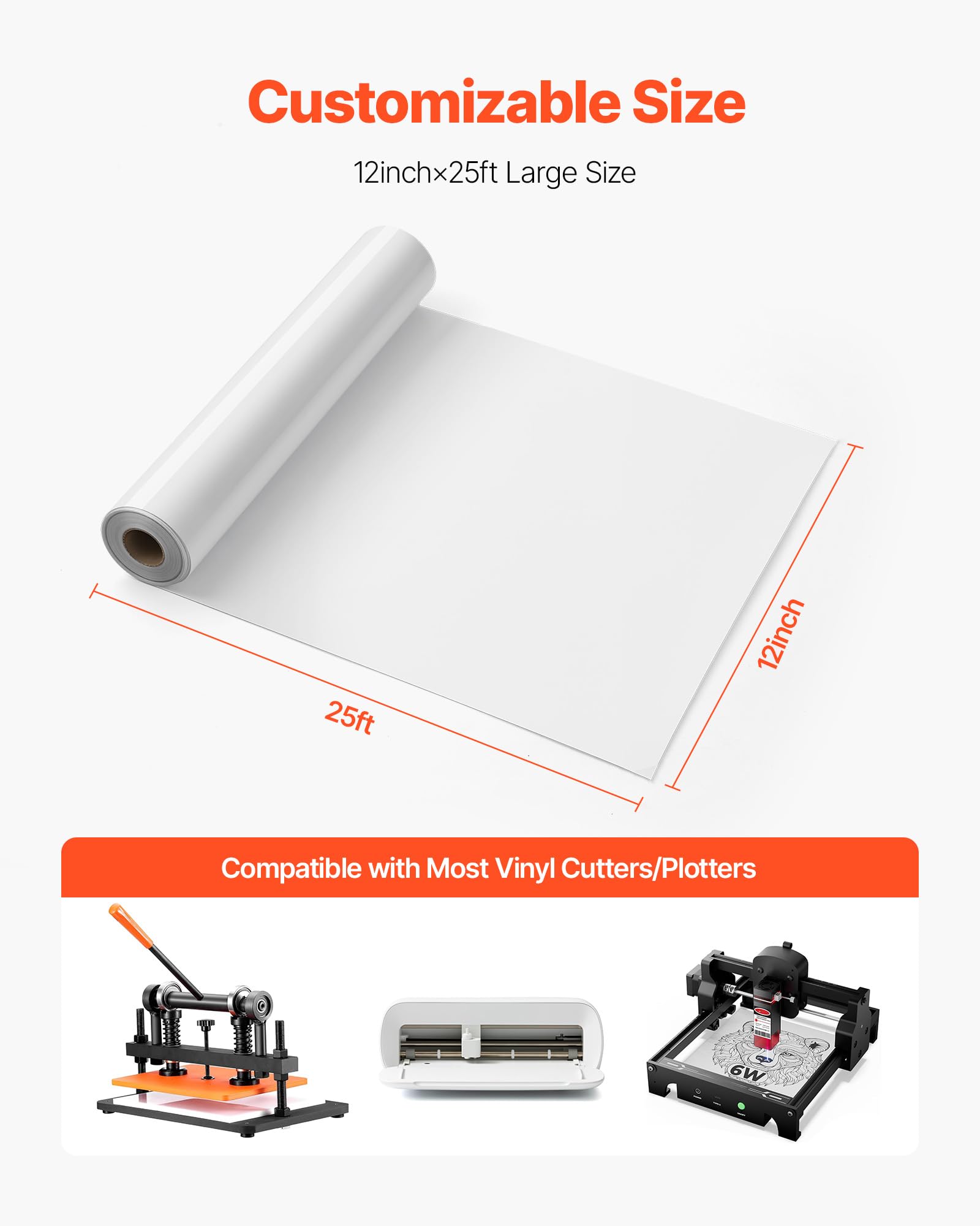 VEVOR Rotolo Vinile Termoadesivo per Tessuti 304,8 x 7260 mm, Pellicola per Plotter in Vinile a Trasferimento Termico per Macchine da Taglio, per Magliette Cuscini Cappelli, Bianco