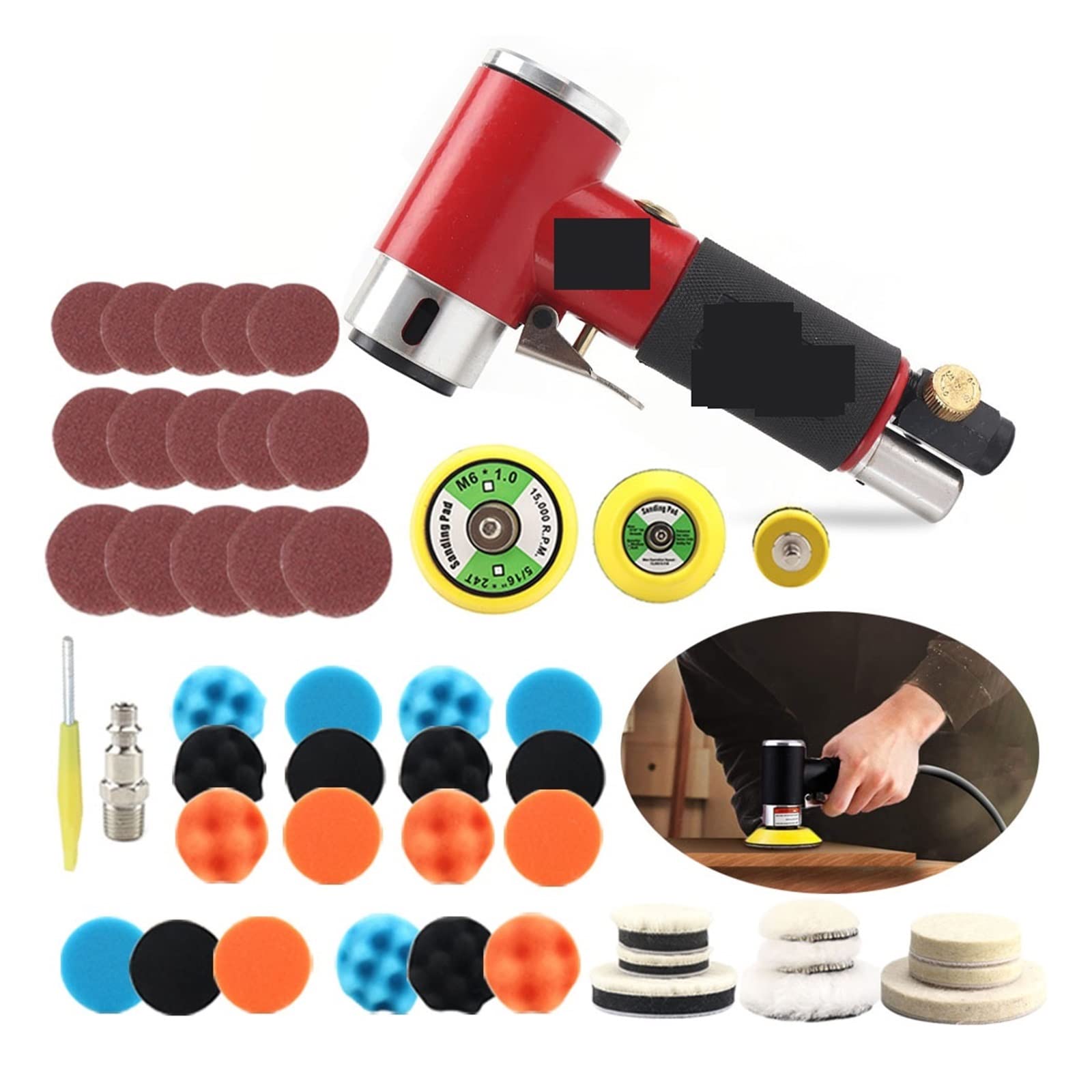 LNHHG Mini Metal Burnishing Machine Orbital 1inch 2inch 3inch Air Sander Pneumatic Polishing Grinding Tools Buffer Dual Action Polisher For Car(Red set)