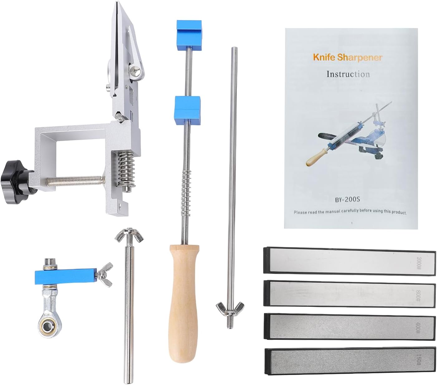 Mumusuki Knife Sharpening System, Professional Sharpener Kit with 4 Grit Stones 150 400 800 2000, Aluminum Alloy Base, Angle Guide for Kitchen Outdoor Knives (With 4 Whetstones)