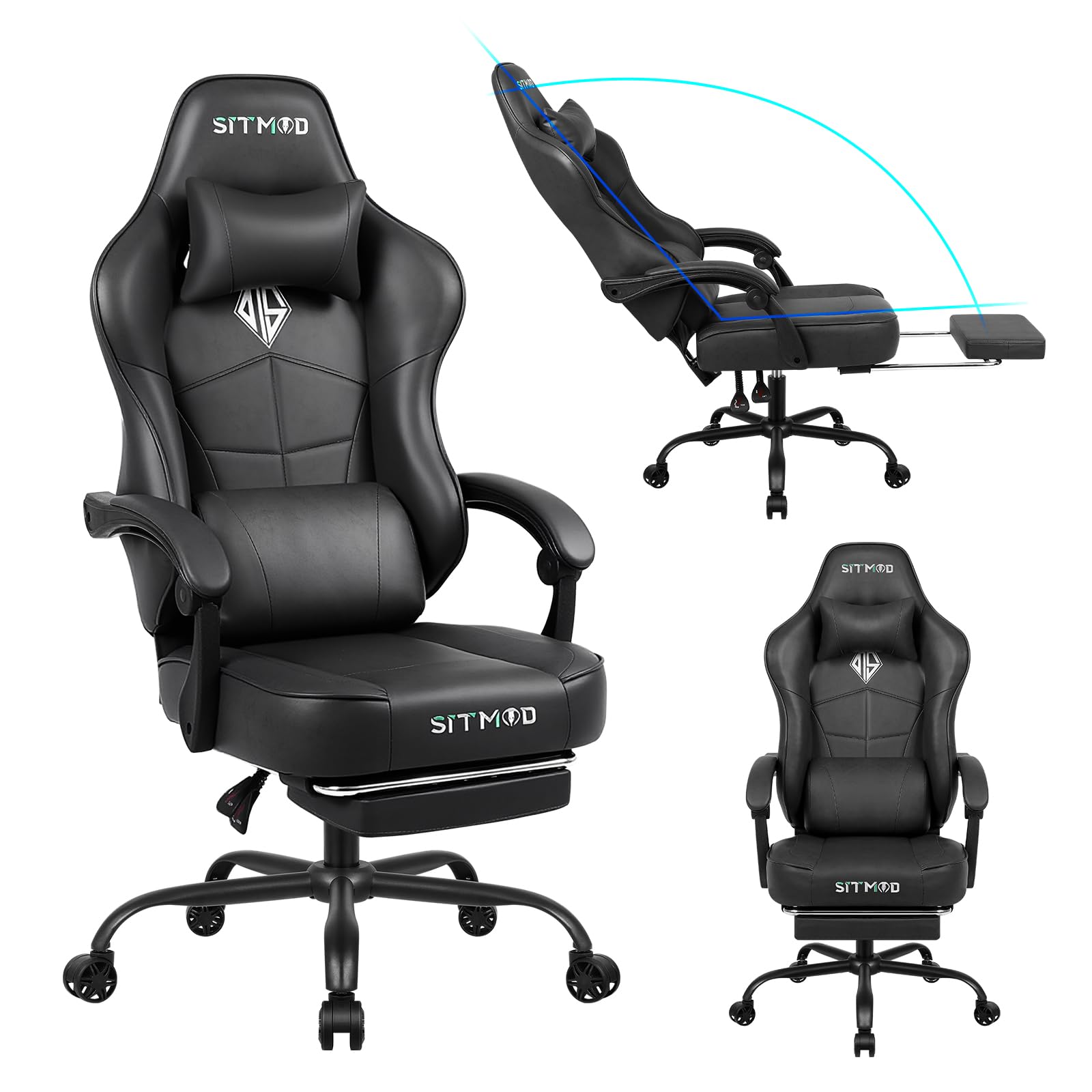Silla Gaming Ergonómica con Cojín Lumbar & Reposacabeza, Silla Gamer Reclinable Silla Cómoda de Altura Ajustable de Cuero PU| Ruedas 360°, 90°-150° con Reposapiés para Adultos, Negro