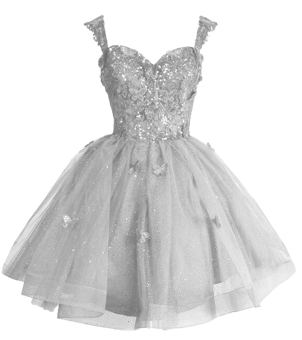 Fanciest Off Shoulder Glitter Tulle Homecoming Dresses for Teens 3D Butterfly Short Prom Dress Sequin Quinceanera Dresses