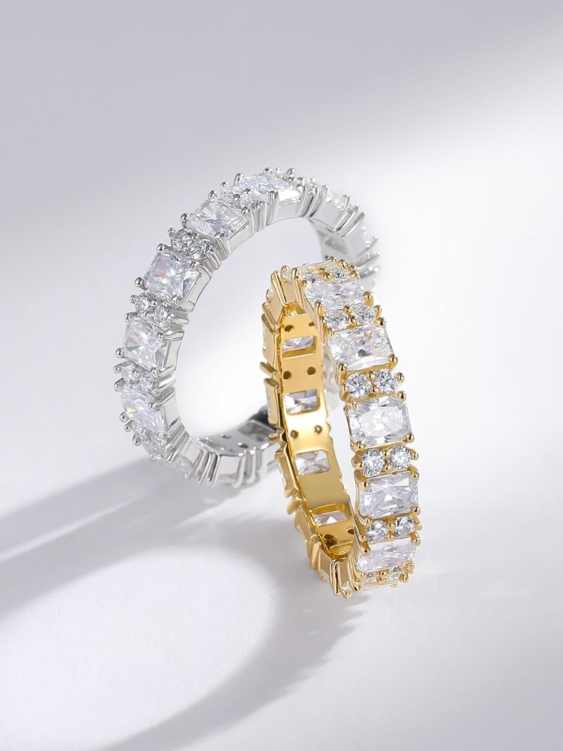 Men's Wedding Band with Diamonds, Bezel/Emerald Cut D Color Moissanite Engagement Ring Silver Gold Multirow Cocktail Rings Birthday Valentines Jewelry for Lover Husband Wife