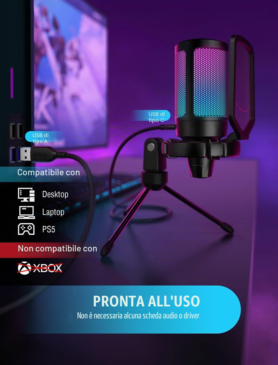 FIFINE PC Microfono Gaming, USB Microfoni Podcast per PS4, PS5, Computer, Microfono da Tavolo con Pulsante di Silenziamento