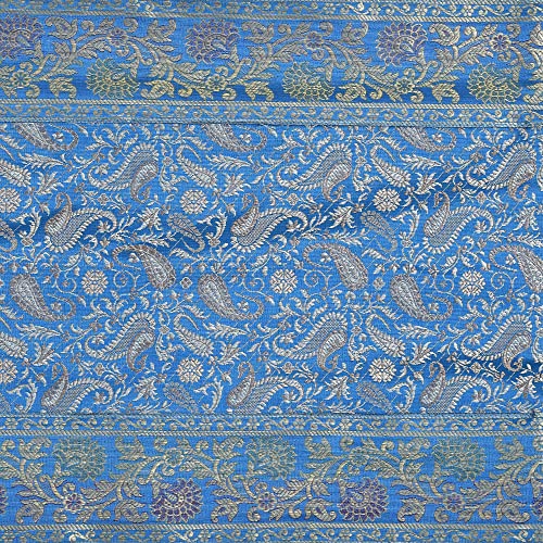 Image of E-EZRA Room Decor Banarasi Silk Handmade Flower V Shape Table Runner Dinning & Centre Table Long Runner Bed Runner Gold Tassels End Size 14 X 80 inches (Turquoise)