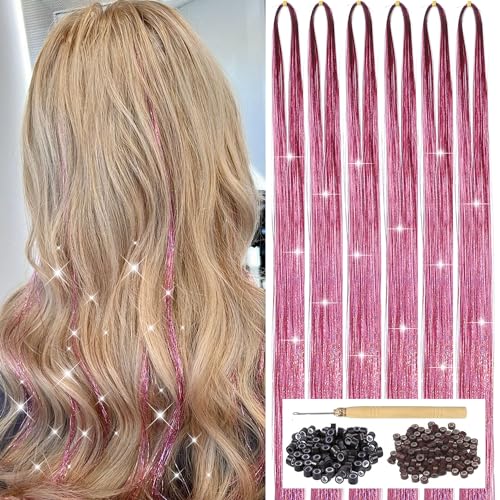 Pink Hair Tinsel Kit with Tool 6pcs 1200 Strands Glitter Tinsel Hair Extensions Heat Resistant Sparkling Shiny Fairy Hair Accessories for Women Girls 47Inch