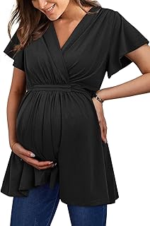 OUGES 2025 Womens Maternity Tops/Shirts Short Sleeve Wrap V Neck Tie Back Maternity Clothes/Tunic Casual Pregnancy Blouse - Buy now