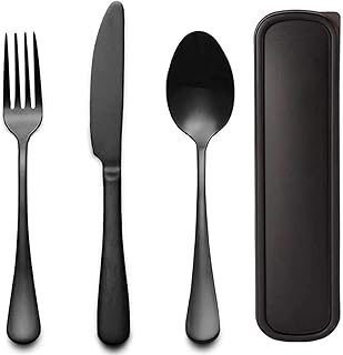 GTGR Heywood Portable Travel Utensils Set with Case 18/8 Stainless Steel Black Silverware Sets Include Knife Fork and Spoon with Case Reusable Utensil Set for Lunch Box and Camping (Black)