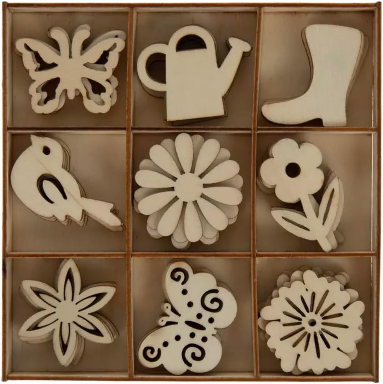 Mini Unfinished Spring Laser Cut Wood Icons - Flowers, Butterflies, Eatering Cans, Birdhouses, Birds, and Bees - 54 Piece