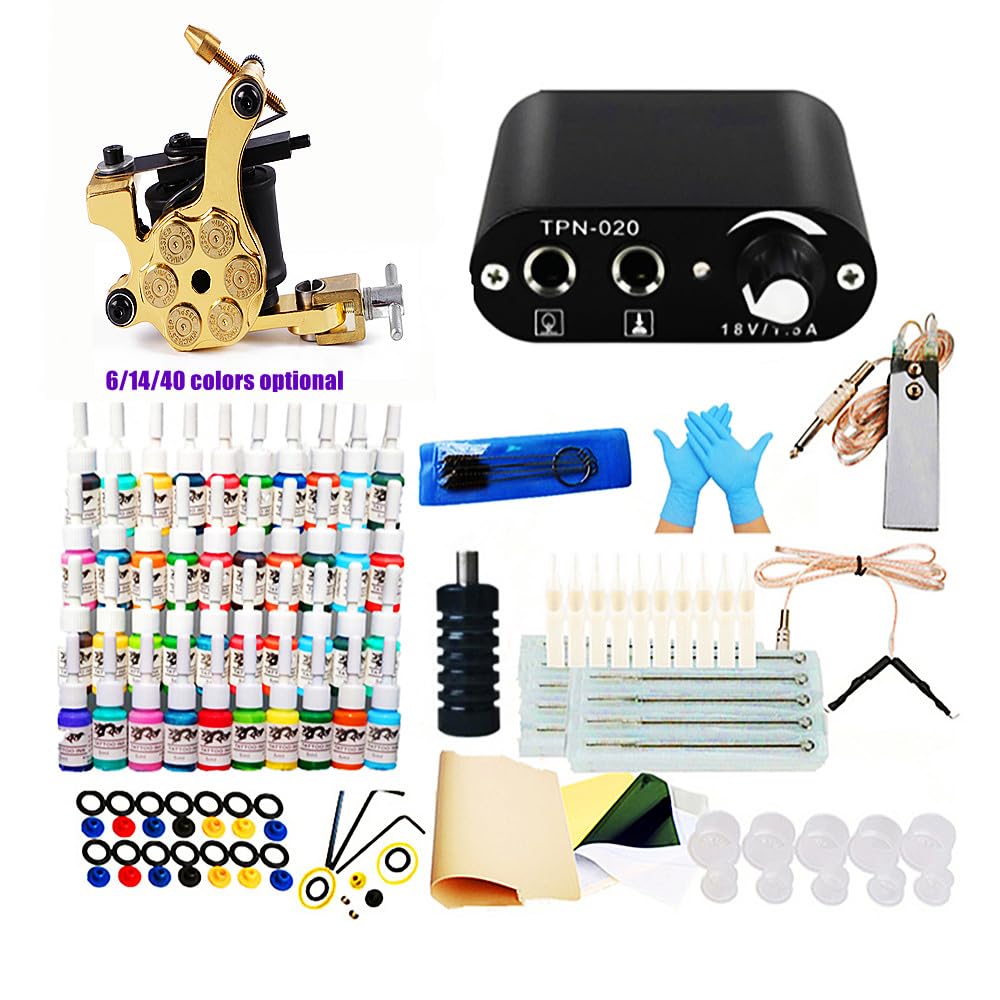 Kit de Tatuaje 1 Machine Set 40 Color Inks Pigment Power Supply Complete Set Transfer Paper Practice Skin Disposable Supplies for Beginners