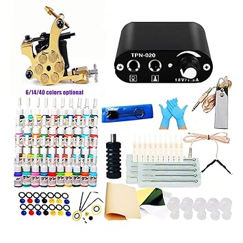 Kit de Tatuaje 1 Machine Set 40 Color Inks Pigment Power Supply Complete Set Transfer Paper Practice Skin Disposable Supplies for Beginners