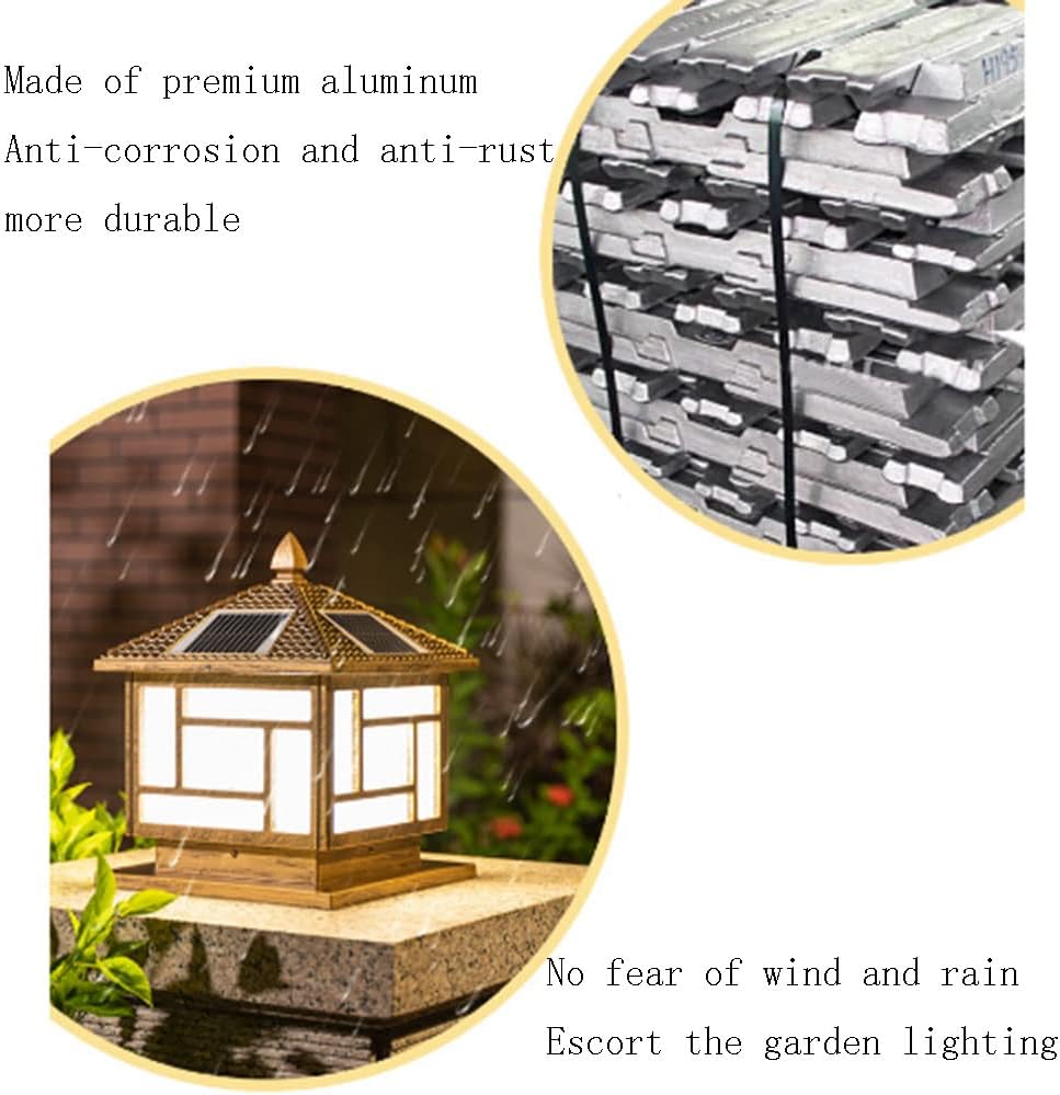 Outdoor Solar Post Lantern Lamp Light,European Style Garden Aluminum Housing Column Lamp,LED Waterproof Warm White Gate Bollard Pillar Light,Exterior Pedestal Stigma Lantern,for Wood Fence,Deck