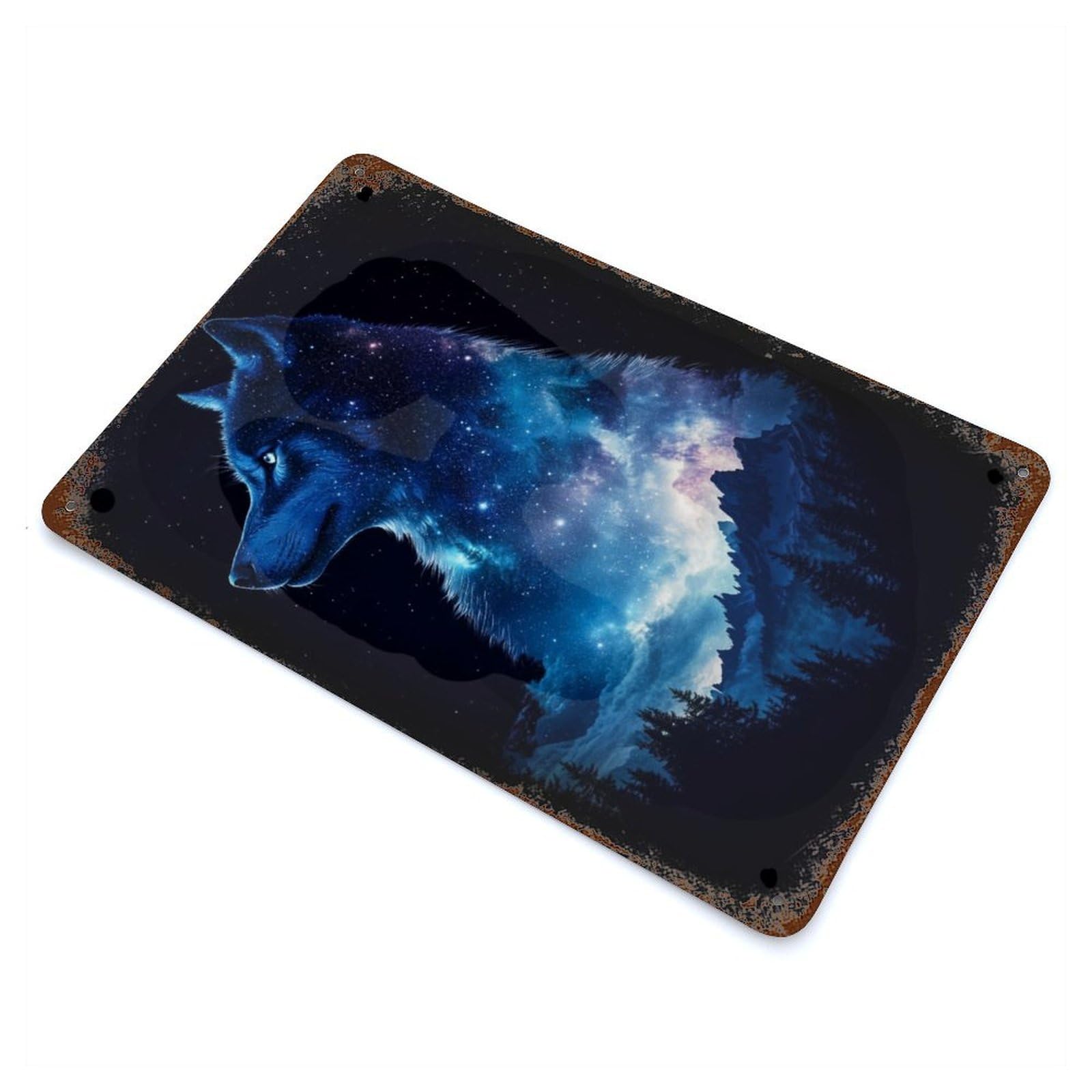 Rustic Tin Plaque Wolf Galaxy Night 11.8"x7.9", Retro Wall Decor for Shed, Workshop And Garage Wall Decor