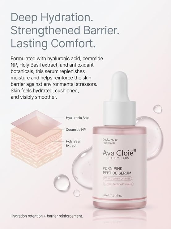 Ava Cloie PDRN Pink Peptide Serum 1% Sodium DNA | Korean Face Serum with Peptides, Niacinamide & Ceramide | Hydration + Even Tone | 30 ml