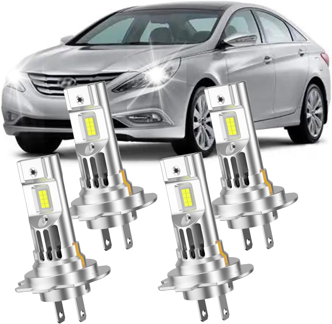 Front Lights Combo Upgrade for Hyundai SONATA 2011-2014, H7 High Beam & H7 Low Beam Bulbs, 400% Brightness 6000K White Light, Direct Plug with Copper Heat Sink and Mini Fan,Pack of 4