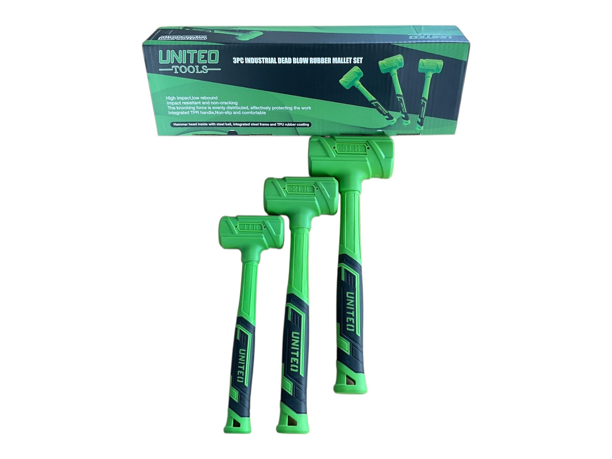 United Tools Industrial Dead Blow Rubber Mallet Set, 3-Piece, 620g/1050g/1500g, Green