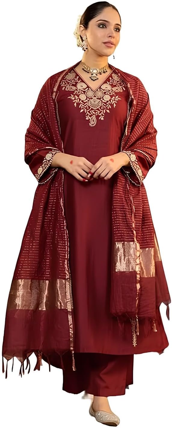 Women Embroidery Solid Straight Kurta & Pant Set with Dupatta | Salwar Suit Set - Indian Ethnic Traditional Wear Kurta Set
