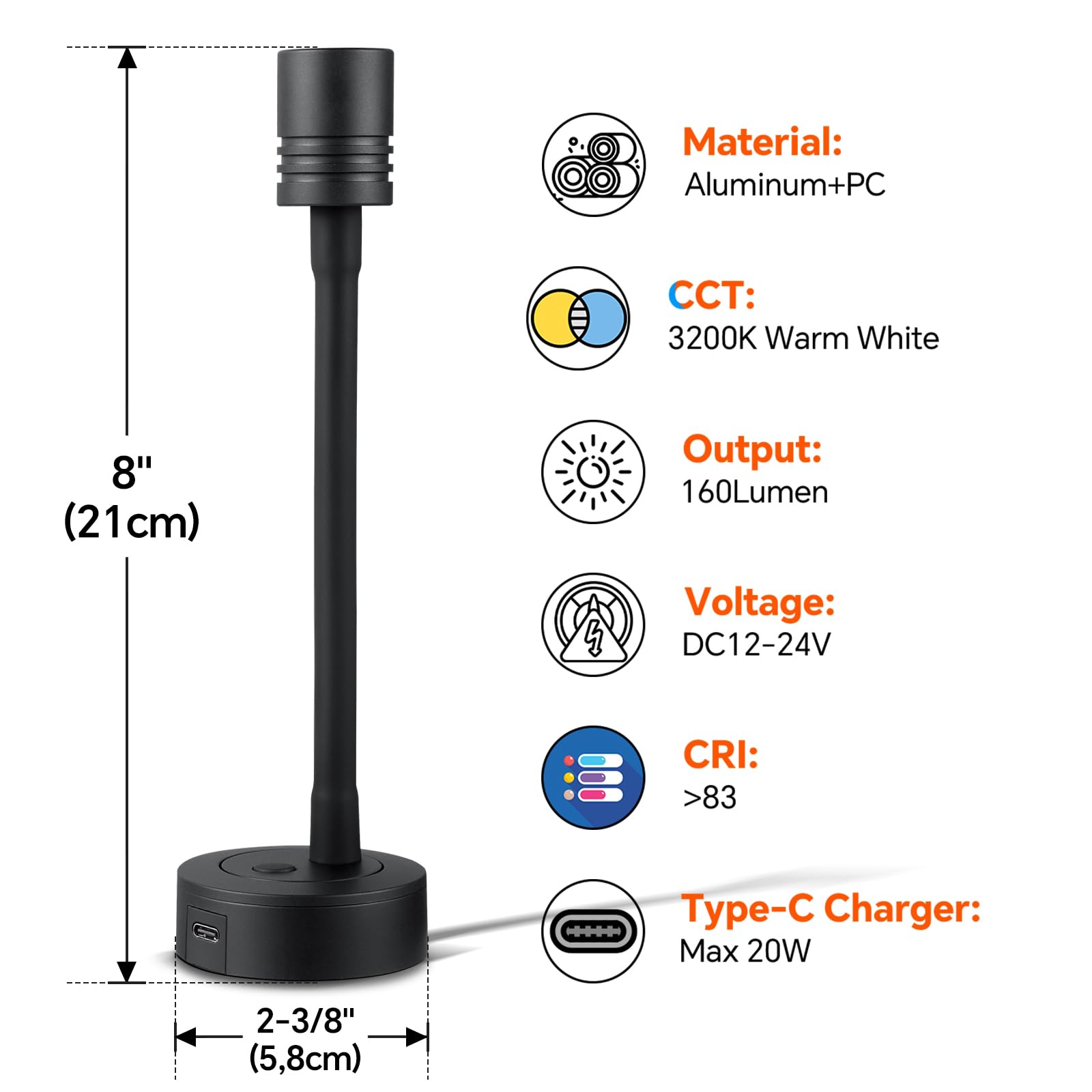2 x Lampade da Lettura Camper LED 12V Dimmerabile Luce da Comodino Nero 3200K DC12V-24V per Barca Furgone Rimorchio Cabina, Flessibile Collo di Cigno, Tipo C Integrato &Dimmer