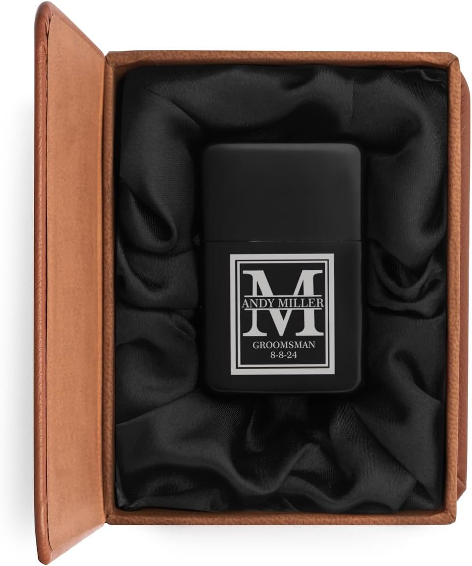Engraved Dual Flame Torch Lighter in Leather Box Personalized Custom (Block Initial Monogram)