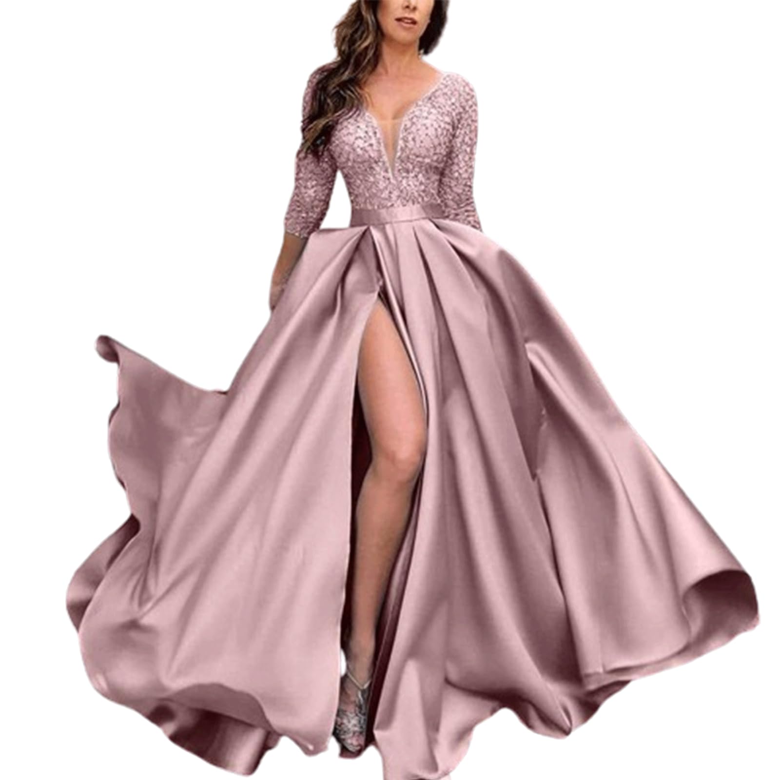 FGRID Vestido de Fiesta de Manga Larga con Cuello en V para Mujer, Elegante Vestido de Fiesta de Raso hasta el Muslo, Vestido de Fiesta Formal de Dama de Honor de Boda
