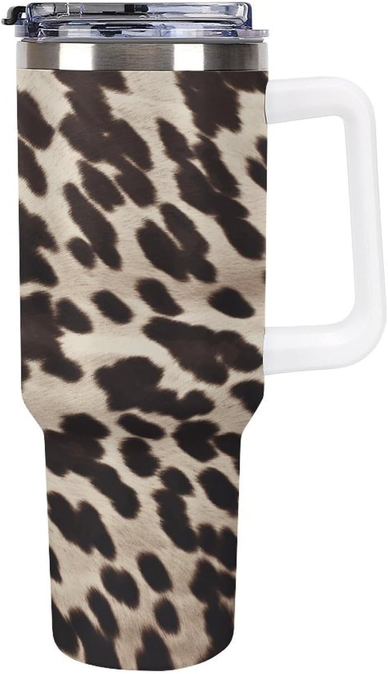 Large Car Cup with Handle&Lid Fashion Brown Cowhide Tumbler Sturdy Insulated Water Bottle Stainless Steel Vacuum Travel Mug Portable Coffee Cup for Home Outdoor 40 Oz White-style