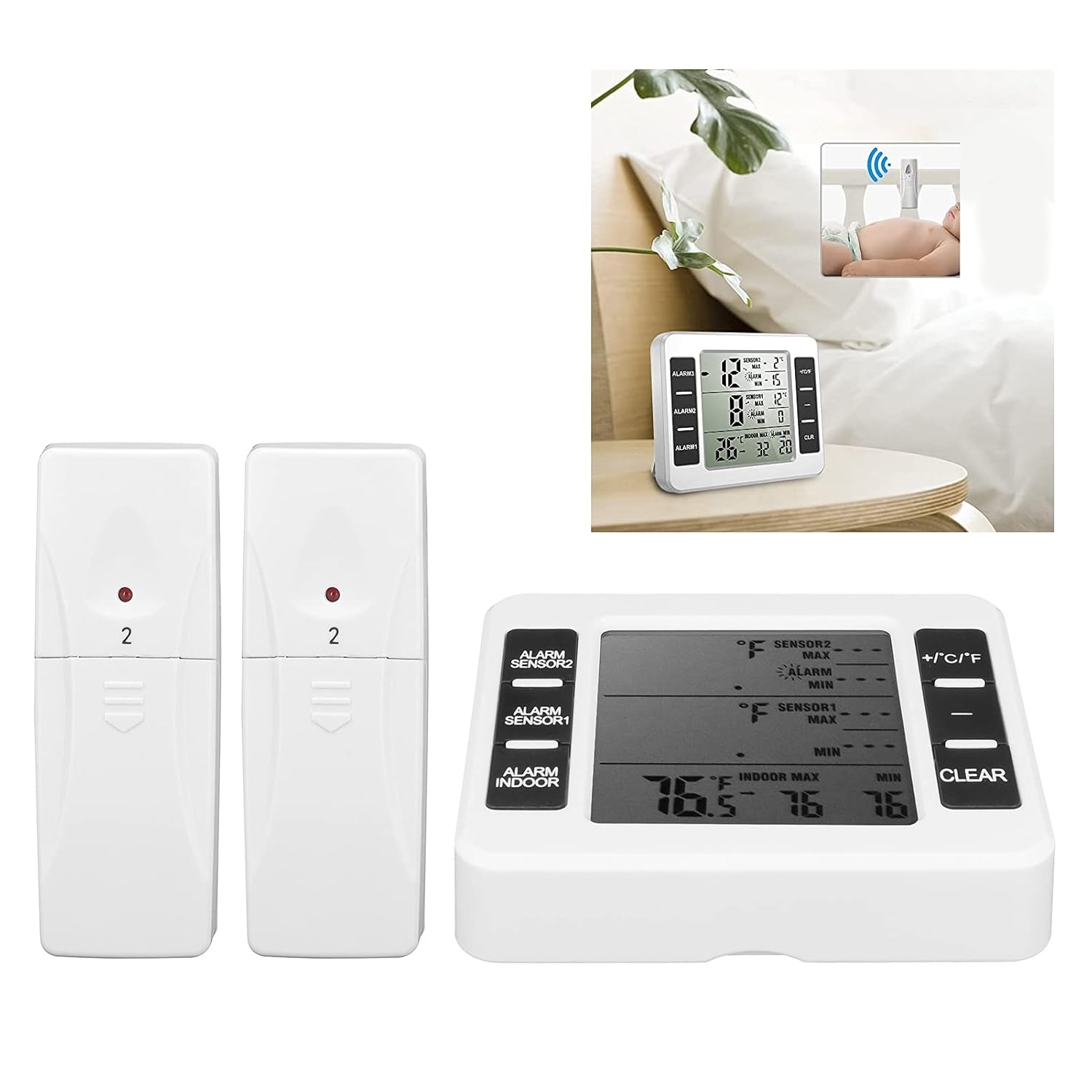 Refrigerator Thermometer Wireless Sensor Indoor Outdoor Temperature Monitor LCD Display with Audible Alarm for Home Kitchen