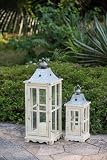 Set of 2 Distressed White Wooden Lanterns with Galvanized Metal Tops, Vintage Farmhouse Candle Holders for Indoor Outdoor Patio, Garden, Wedding & Home Decor