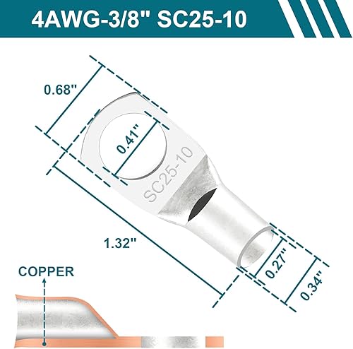 Miniatura 42 de Cables de batería 4 AWG con terminales de cobre de 3/8 pulgadas (2 piezas de 1 pie)