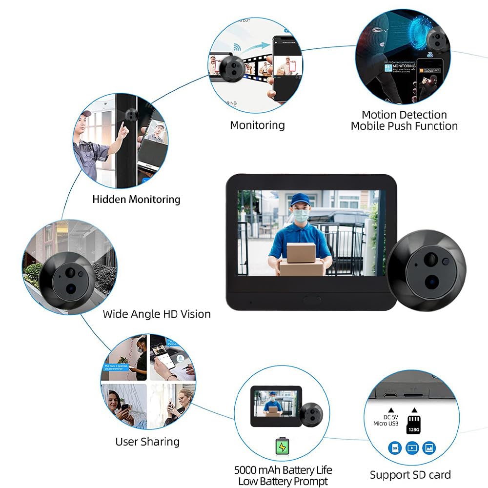 Timbre con vídeo WiFi para cámara de Mirilla de apartamento Pantalla a Color de 4,3 Pulgadas Aplicación Smart TY 1080P PIR Detección de Movimiento Cámara de Alarma Visualización