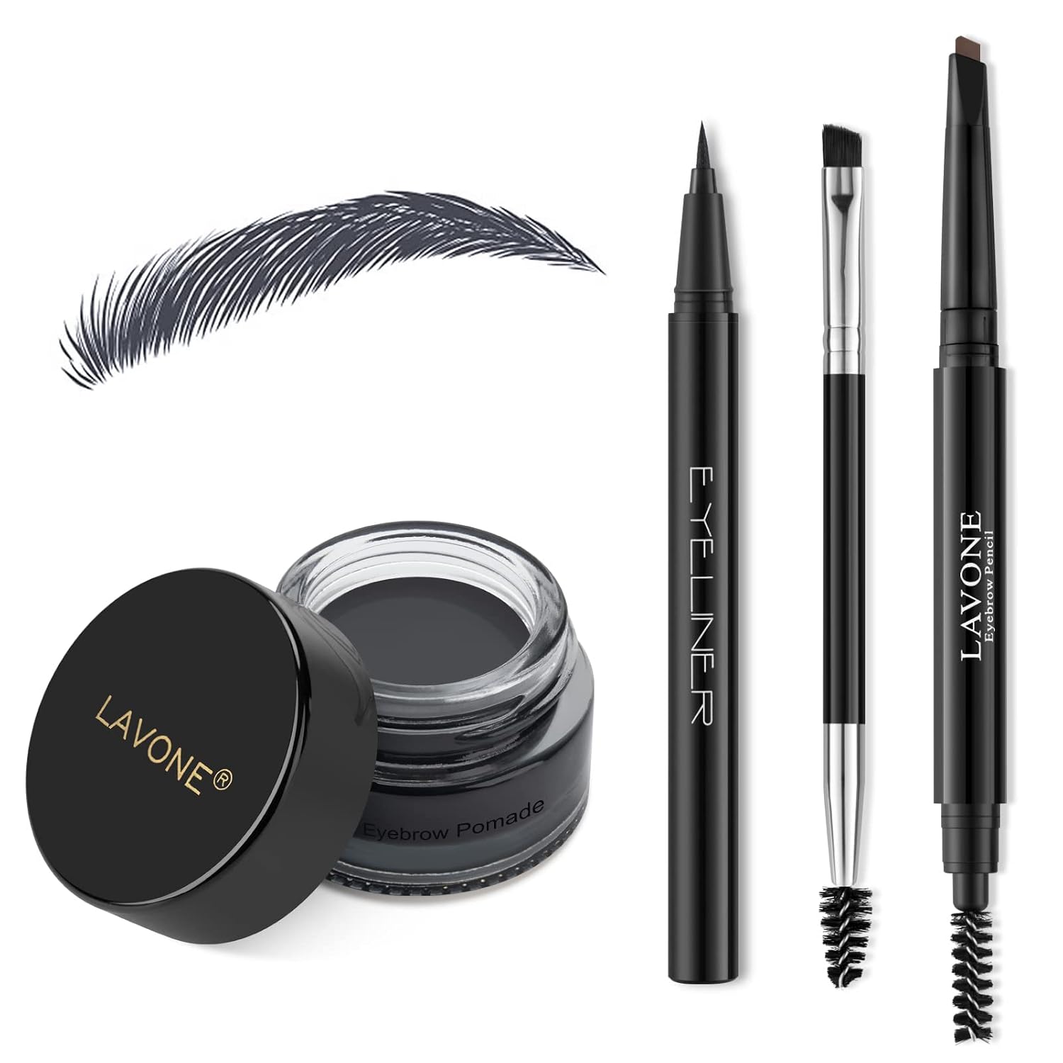 Eyebrow Stamp Pencil Kit for Eyebrows, Makeup Brow Stamp Trio Kit with Waterproof Eyebrow Pencil, Eyeliner, Eyebrow Pomade, and Dual-ended Eyebrow Brush - Ash Black