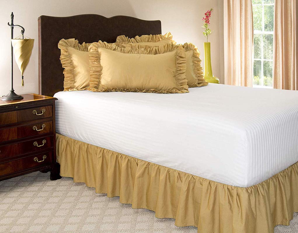 Gold Yellow Bed Skirt Ruffle - Dust Ruffle - Easy Fit with 16 Inch Tailored Drop 600 TC 100% Egyptian Cotton 16'' Frill bedsheet Skirt with 2 Ruffle Pillow Cover-image-30
