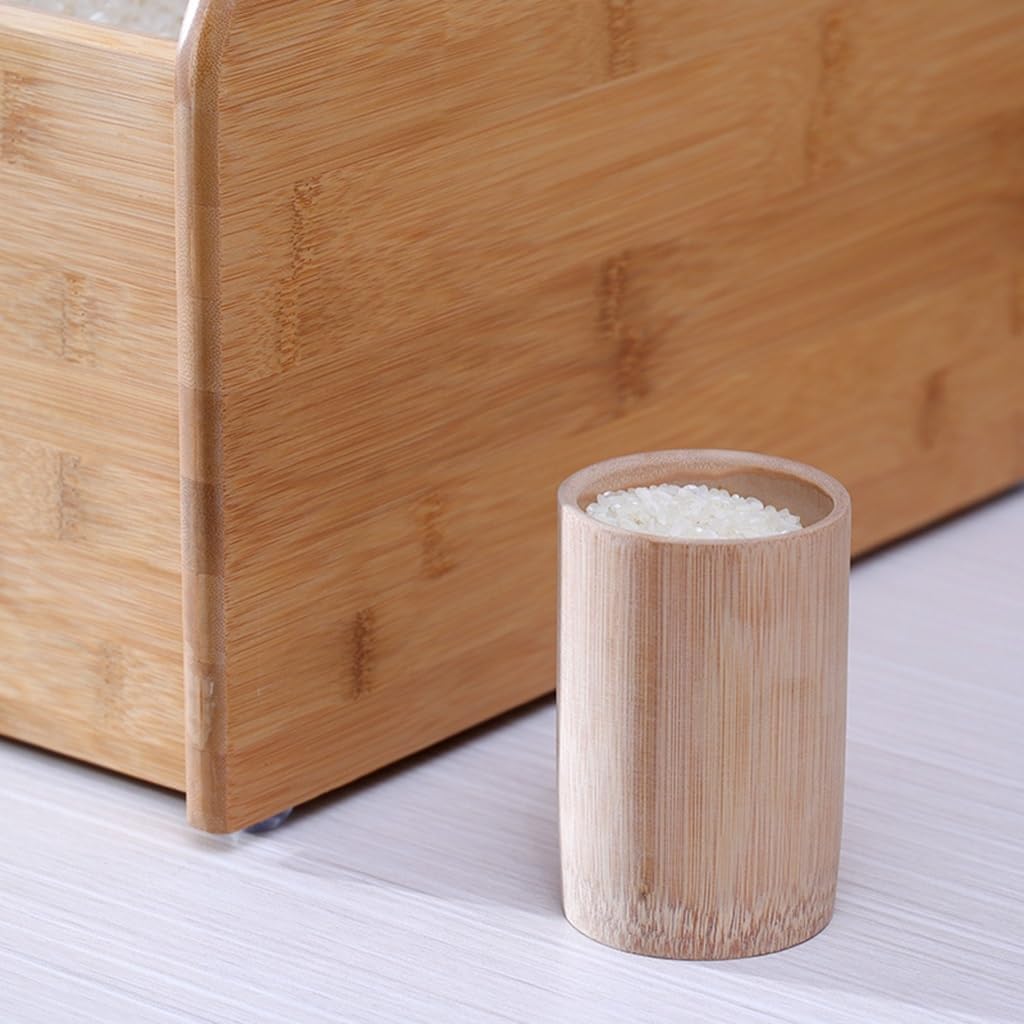 Contenitore in legno di bambù per riso con coperchio scorrevole e misurino, dispenser per cereali, cereali e pasta in cucina