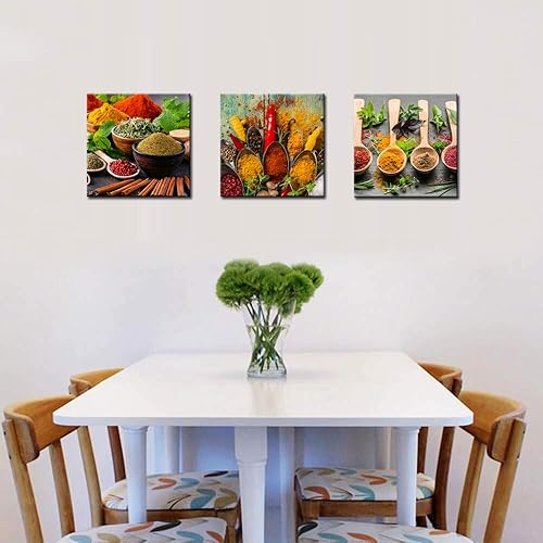 Miniatura 5 de Biuteawal Juego de 3 piezas de especias y cuchara, pintura artística para pared, cocina, decoración de pared, hierbas, alimentos, impresión en