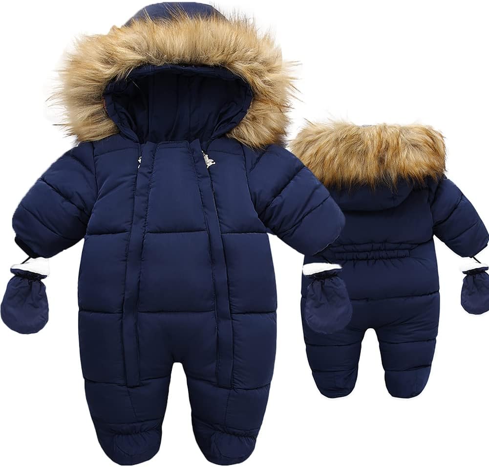Fairy Baby Infant Baby Winter Snowsuit Coat Romper Hooded Double Zipper Fur Collar Warm Jumpsuit for Boys Girls 6-24 Months