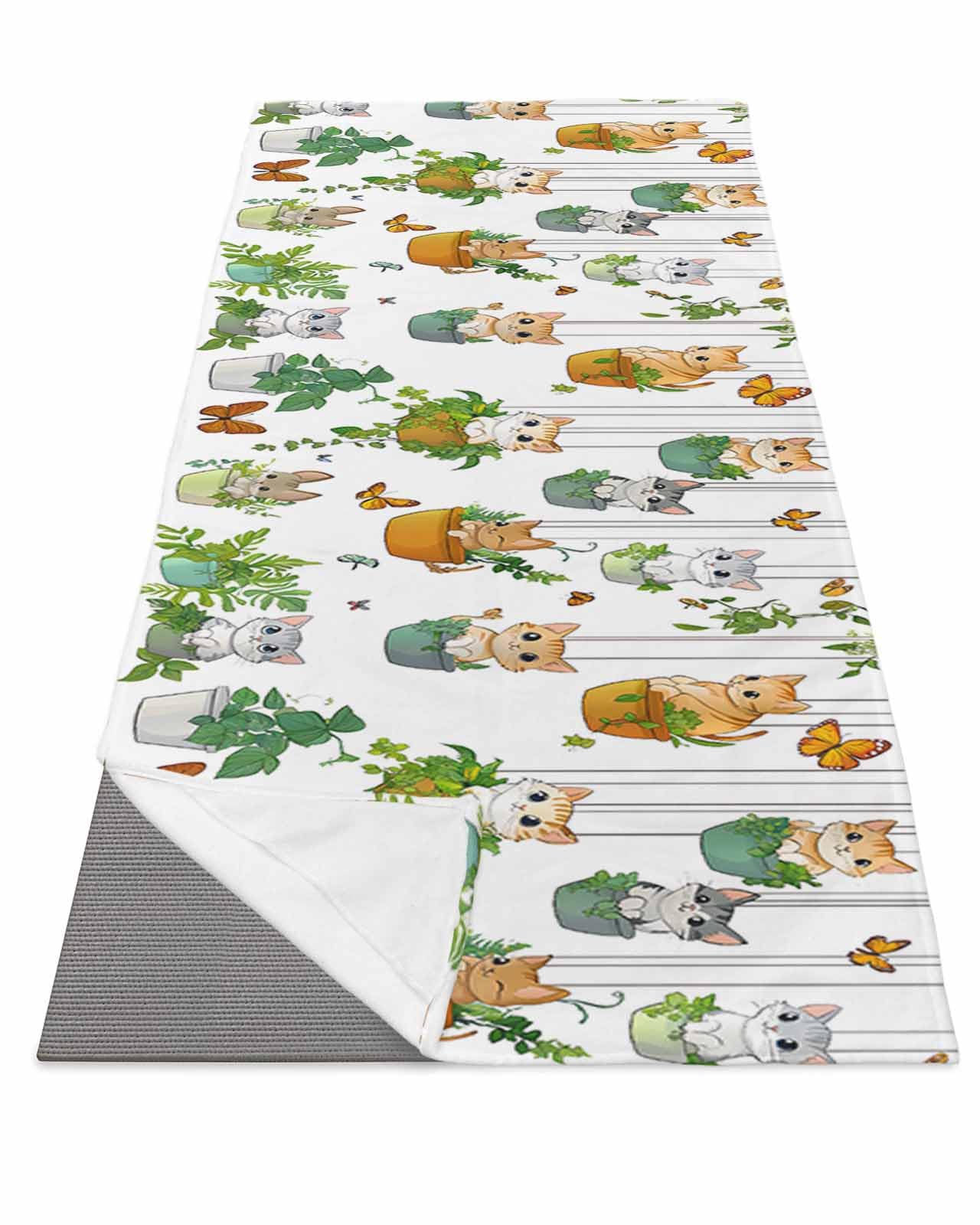 BOSIJOY Yoga Mat Towel,Cute Cat Spring Botanical Fern Plant Non Slip Sweat Absorbent Hot Yoga Towels with Corner Pockets,Butterfly Leaf on White Soft Microfiber Towel for Pilates Bikram 70