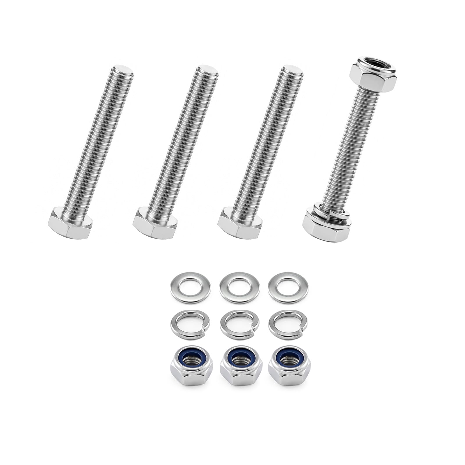 4-Pack M10 x 70mm 304 Stainless Steel Hex Head Bolts with Nylon Nuts and Flat Washers, Fully Threaded DIN 933 Metric Bolt Kit for Construction, Automotive, Furniture, Machinery & 3D Printing