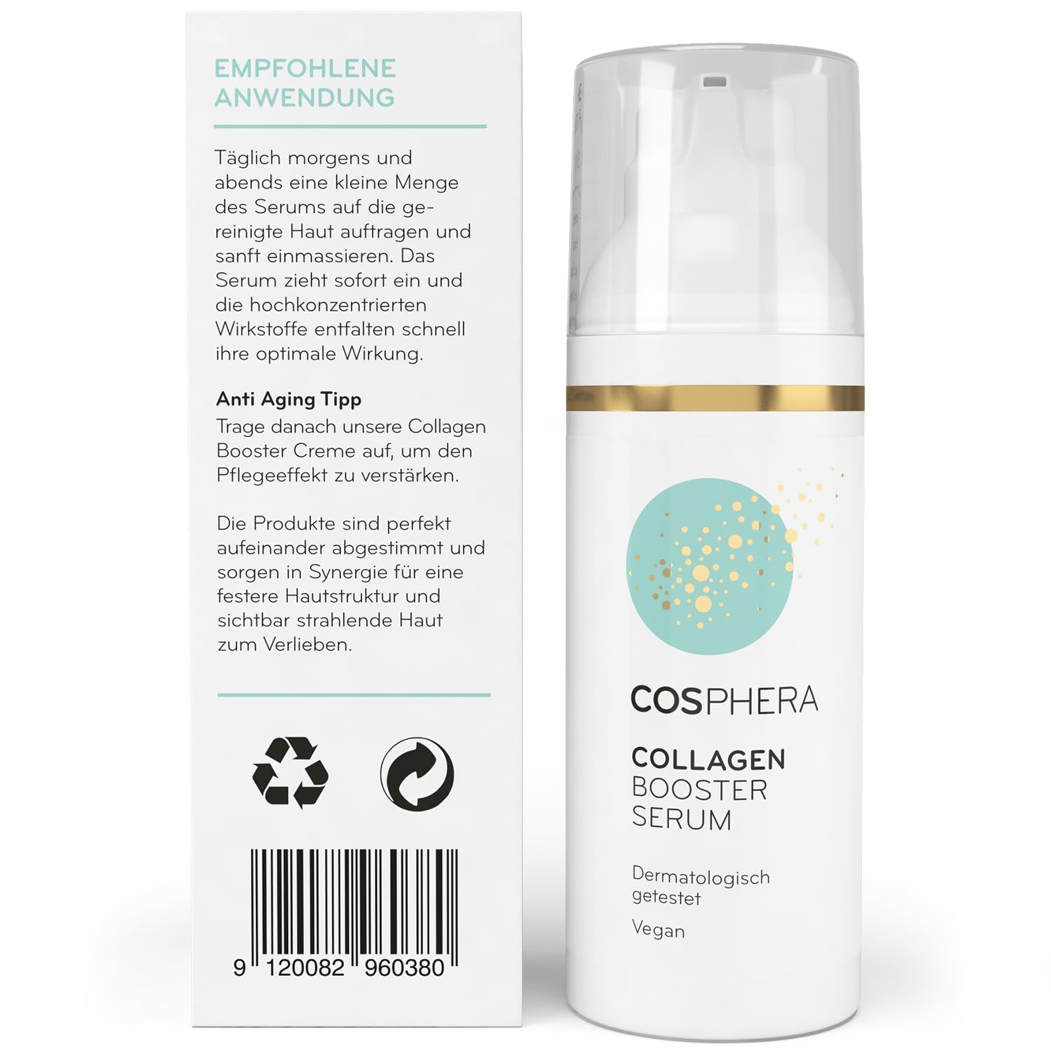 Cosphera Collagen Booster Serum 50 ml Vegan - mit Hyaluronsäure, Peptiden & Vitamin B3 - Gesichtsserum gegen Falten - Anti Falten Serum gegen Tränensäcke, Augenringe und Stirnfalten (Packung mit 2)