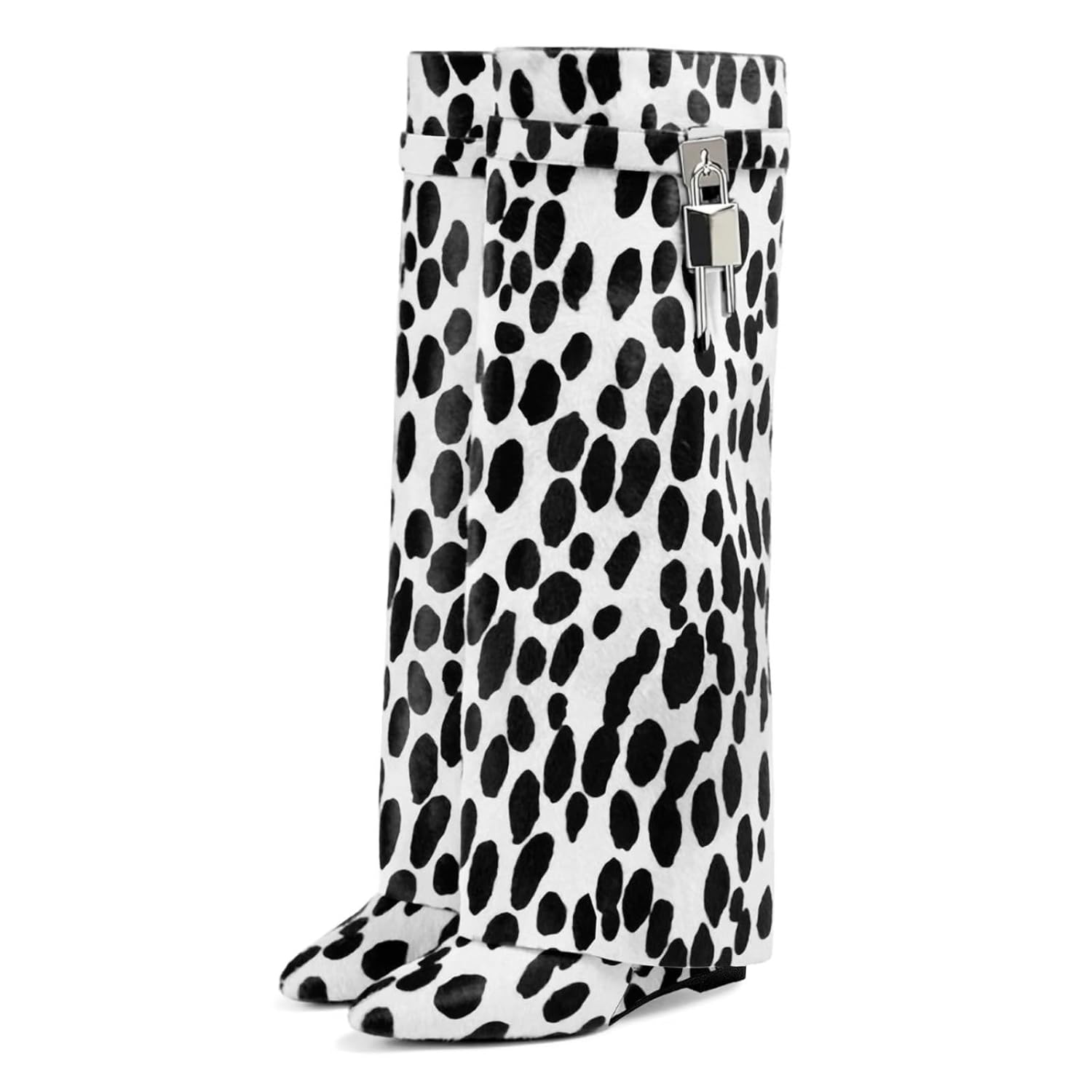 keleimusi Fold Over Wedge Boots Heeled PadLock Pant Knee High Shoes Tall Short Booties in Black