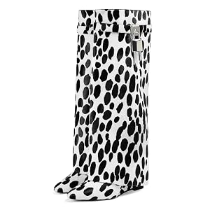 keleimusi Fold Over Wedge Boots Heeled PadLock Pant Knee High Shoes Tall Short Booties in Black