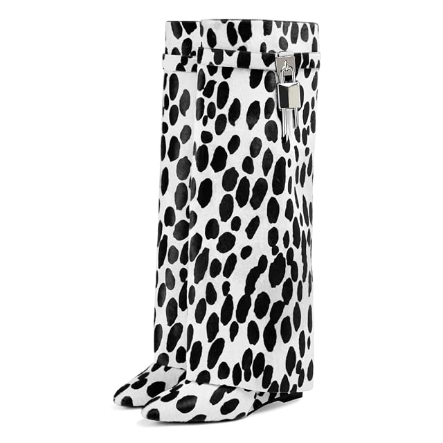 keleimusi Fold Over Wedge Boots Heeled PadLock Pant Knee High Shoes Tall Short Booties in Black
